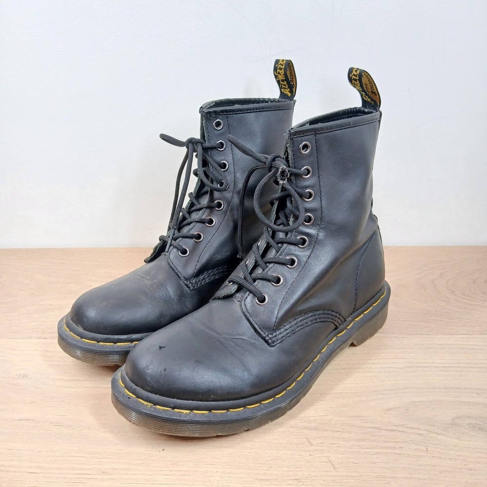 Dr. Martens 1460 Black Leather Combat Boots Womens 8 Classic Yellow Stitch